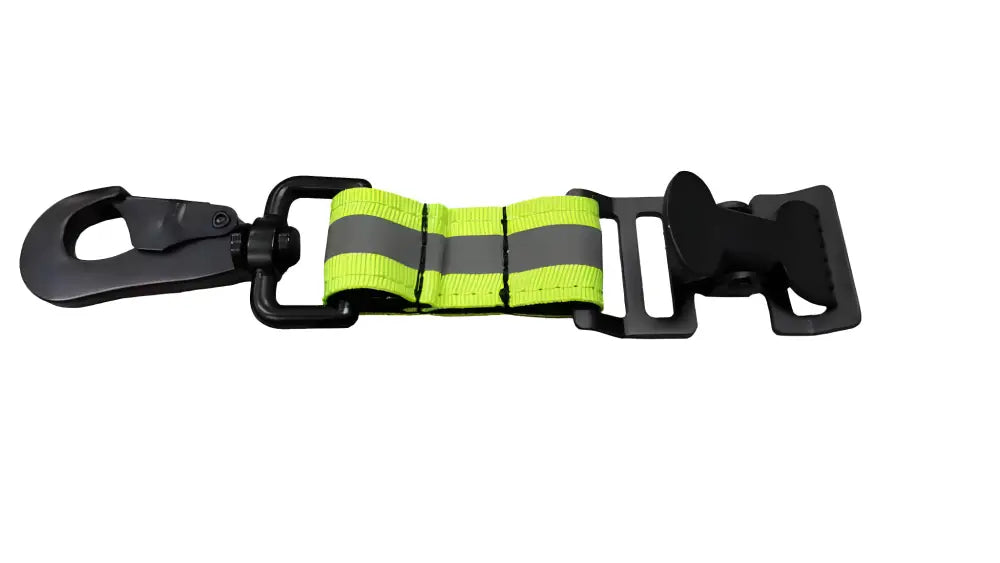 Black plastic clip with neon yellow reflective strap for Glovestrap 3’s industrial strength