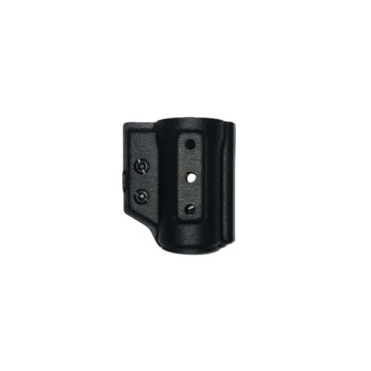 Black plastic holster for a pepper spray holder with screw holes for secure retention