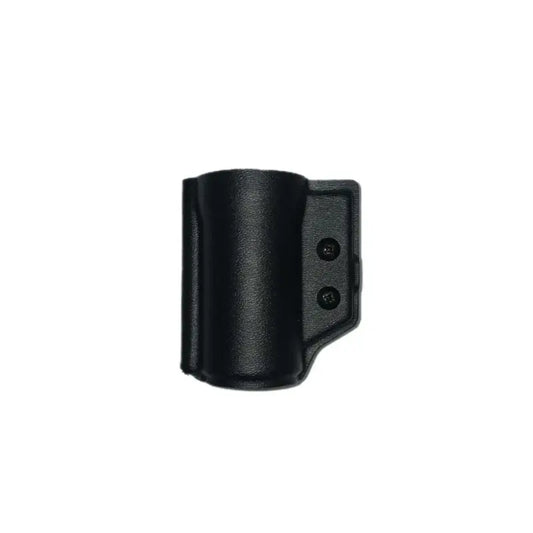 Black plastic Pepper Spray Holder with screw holes for secure mounting and retention