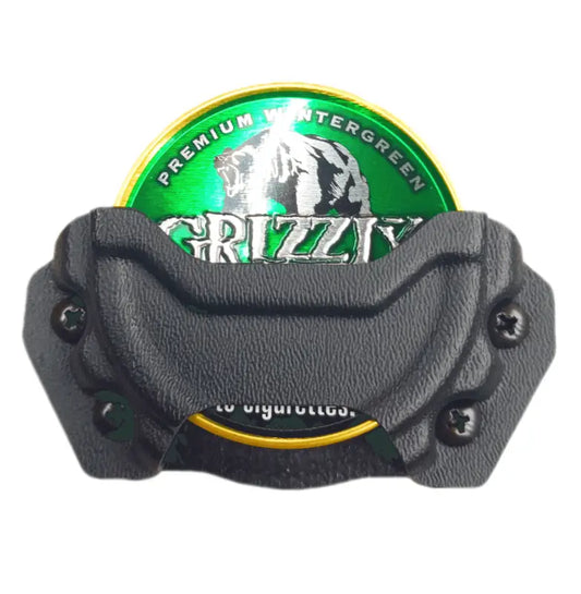 Black plastic holster with Grizzly tobacco can ideal for first responders with Molle clip