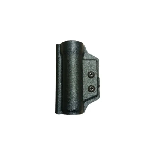 Black plastic flashlight holder with mounting hardware designed for first responders