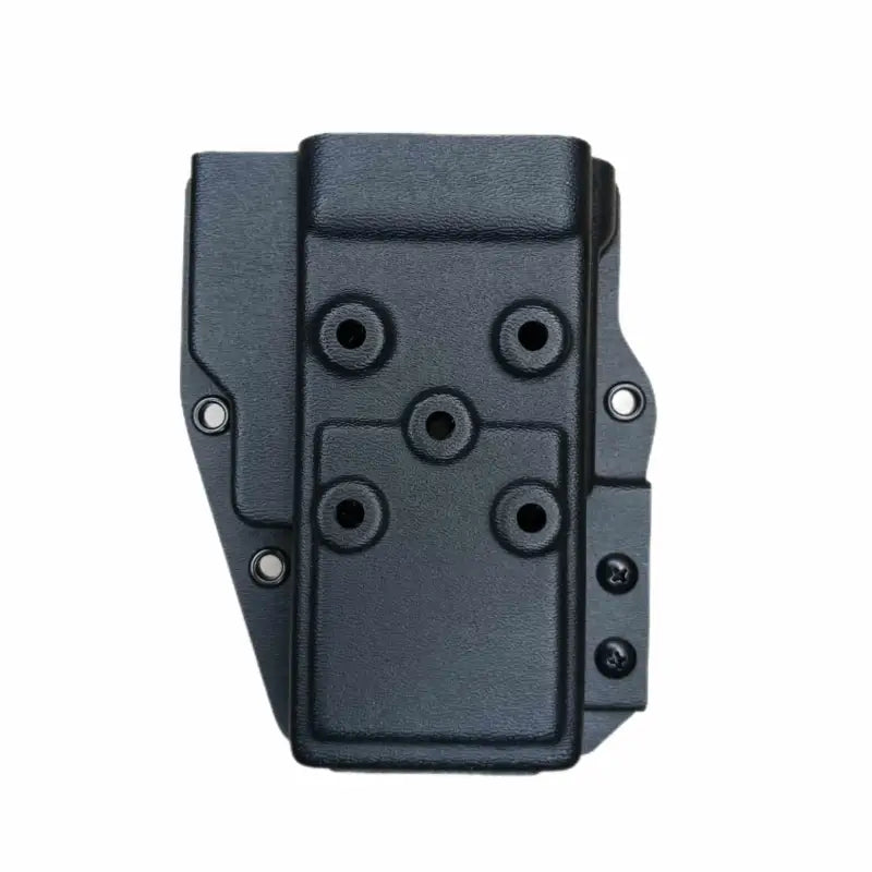 Black plastic holster for Motorola APX 7000 with mounting holes and hardware