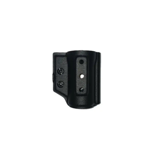 Black plastic pepper spray holder with mounting screws and holes for easy attachment