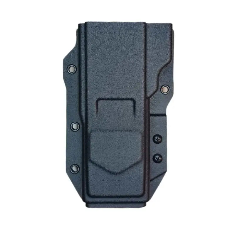 Black plastic magazine holster with mounting holes for Motorola XTS, adjustable retention