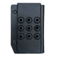 Black plastic tourniquet holder mounting plate with nine circular holes in a grid