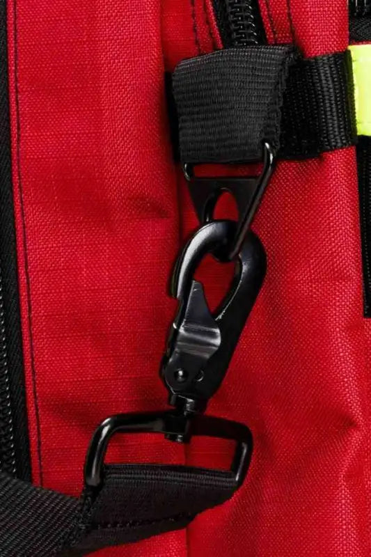 Black plastic swivel clip on red fabric of Line2Design Deluxe Step-In Firefighter Gear Bag