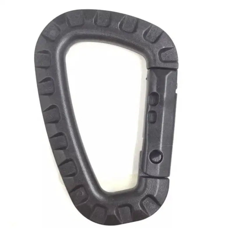 Black plastic tactical carabiner with textured edges for hard polymer D-Ring carabiners