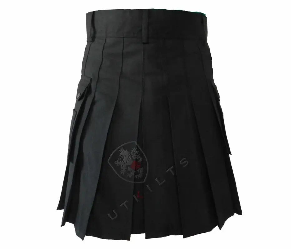 Black pleated utility kilt with cargo pockets in Standard Blackout Utility Kilt style