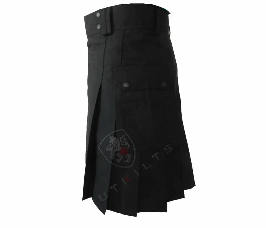 Black pleated utility kilt with pockets and belt loops in Standard Blackout Utility Kilt