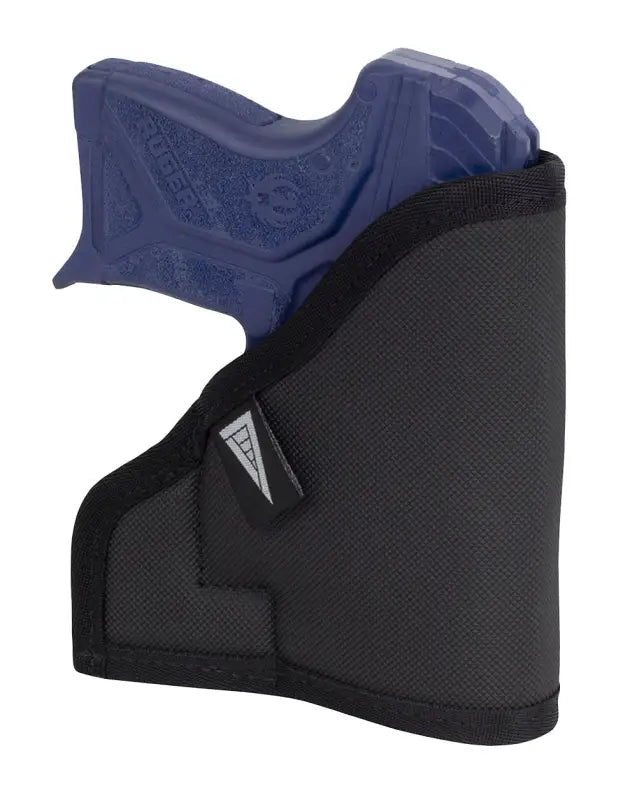 Black pocket holster with blue S&W Bodyguard handgun featuring Crimson Trace laser