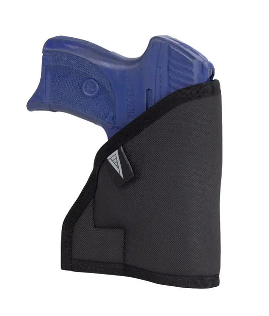 Black pocket holster with blue S&W Bodyguard featuring a Crimson Trace laser