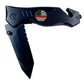 Black folding tactical rescue knife with American flag emblem and steel serrated blade