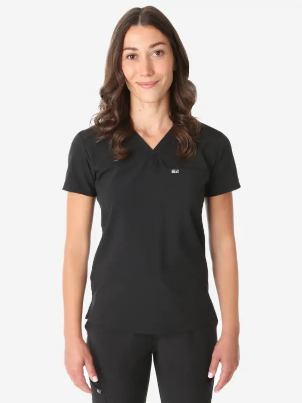 Black short sleeve V-neck polo shirt from Women’s Tuckable One-Pocket Scrub Top