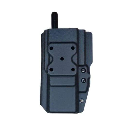 Black polymer holster with mounting hardware for Baofeng UV-5R Radio and adjustable retention