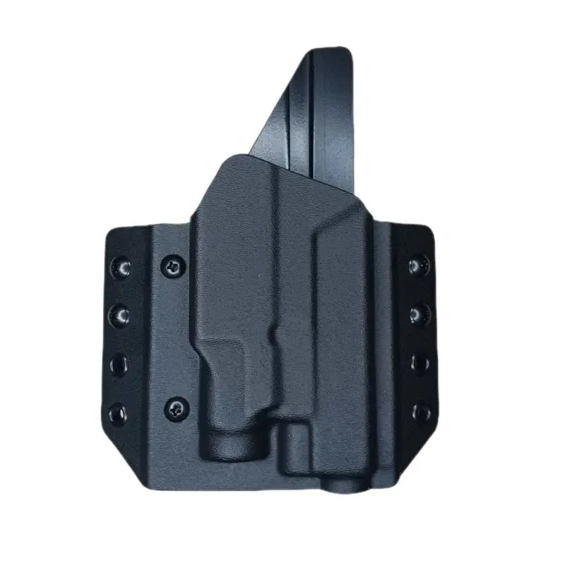 Black polymer OWB Holster with retention features, threaded barrel compatible and TLR-1 holster