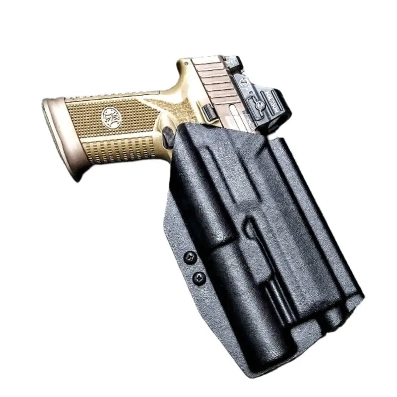 Black polymer holster Modlite PL350 with pistol featuring gold-colored grips