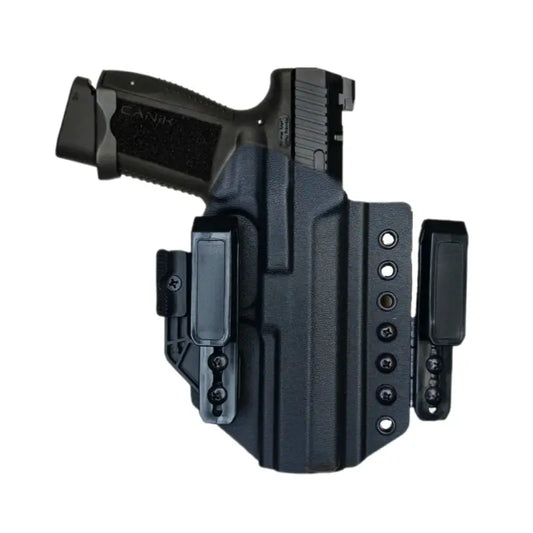 Black polymer Flex IWB Holster for semi-automatic pistols with adjustable ride height and belt clips