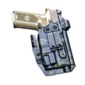 Black polymer holster with tan gold pistol for Light Bearing IWB Holsters with optic cut