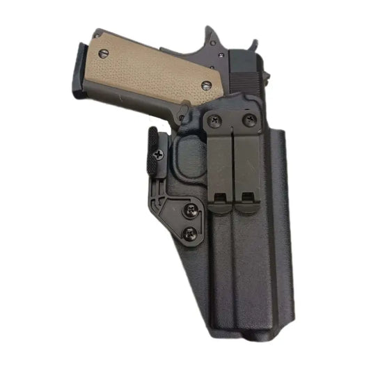 Black polymer IWB holster with tan-gripped TP9 Combat Elite, open muzzle design