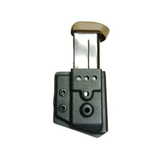 Black polymer Double Stack 45/10 Magazine Carrier with tan retention clip for IWB carry