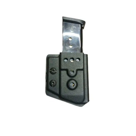 Black polymer magazine carrier holster with mounting hardware for extended magazines