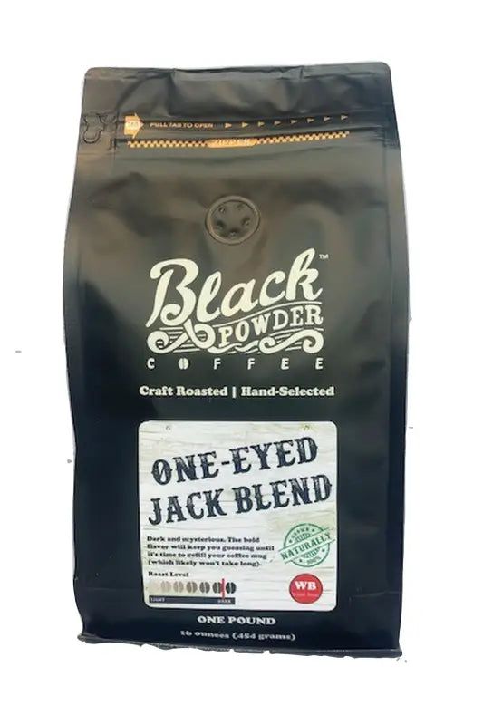 Black Powder Coffee Black Pouch of One-Eyed Jack Blend naturally grown dark roast coffee