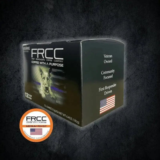 Black Kcup box 12ct K9 with FRCC branding and American flag, featuring Bourbon Pecan flavor