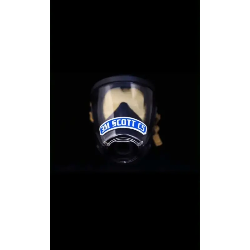 Black face mask with AV SCOTT logo illuminated, IdentiFire™ Facepiece Nameplate for 3M™ Scott™ Vision