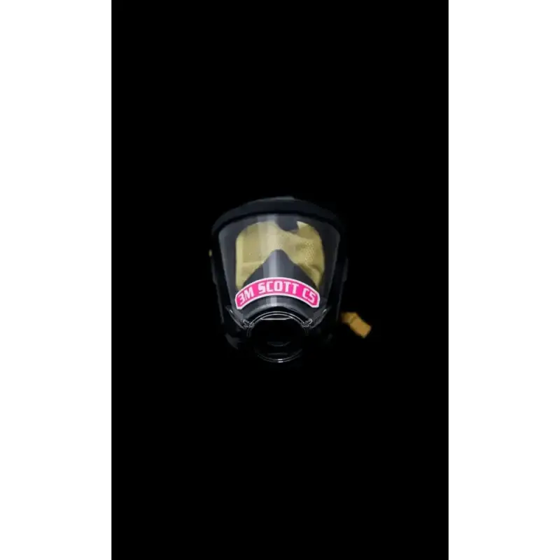 Black gas mask with pink label, featuring IdentiFire™ Facepiece Nameplate for 3M™ Scott™ Vision