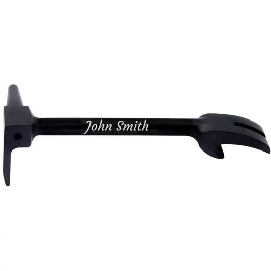 Black Halligan Bottle Opener with John Smith engraving, ideal for groomsmen gifts