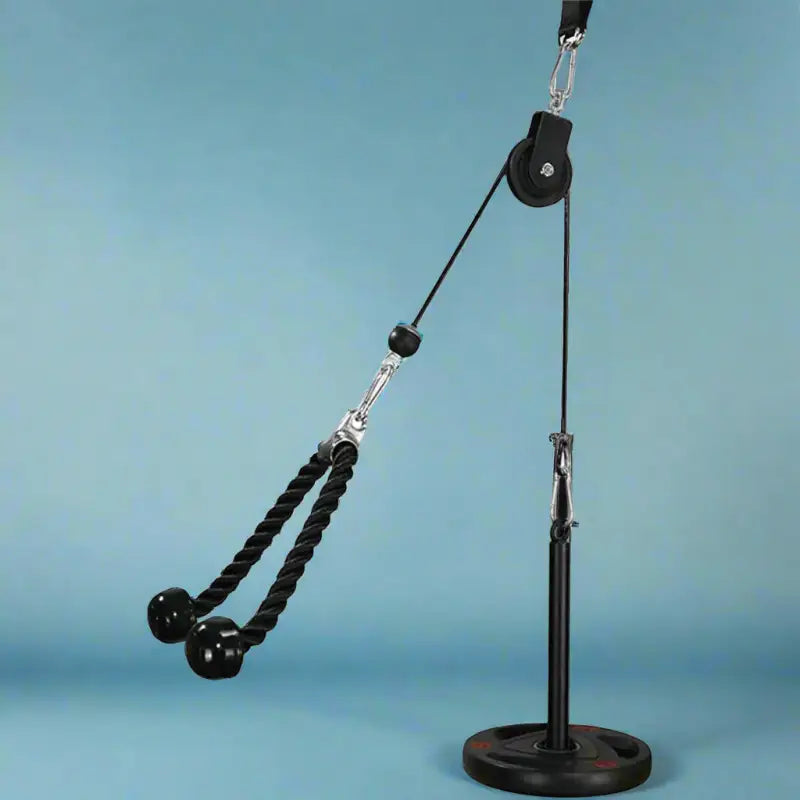 Black attachable pulley system with rope handles ideal for tricep exercises and loading pin use