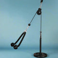 Black attachable pulley system with rope handles ideal for tricep exercises and loading pin use