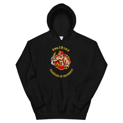 Black unisex hoodie featuring firefighter emblem and Engine 19 design on front