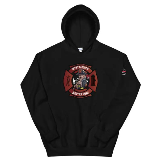 Black unisex hoodie with firefighter Maltese cross logo, tattoos matter version design