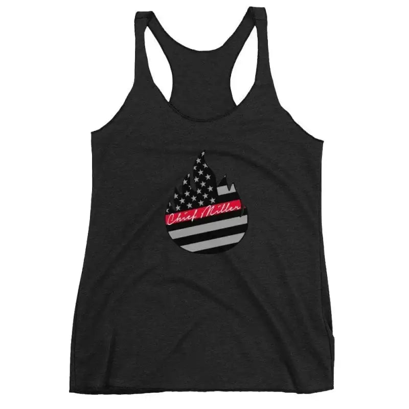 Black Racerback Tank featuring American Flag Apple design, perfect for vintage shocking pink fans