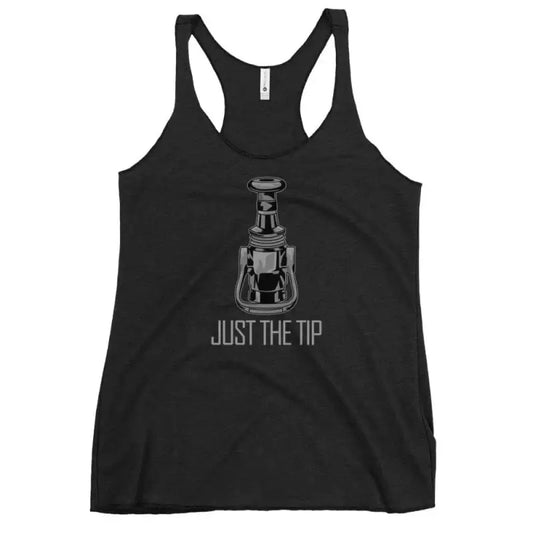 Black racerback tank top with JUST THE TIP text and robot graphic in vintage shocking pink