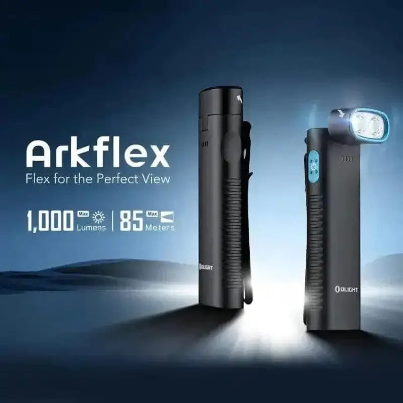 Black rechargeable LED flashlight with 90° articulating head, Olight ArkflexBK Arkflex