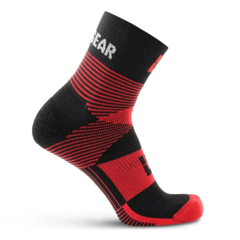 Black and red MudGear Hybrid Training Sock with striped pattern and performance features