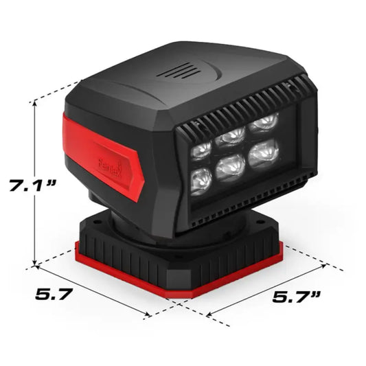 Black and red LED Feniex Remote Spot Light with dimensions for versatile lighting