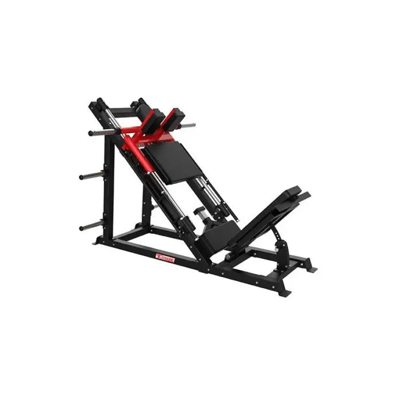 Black and red plate loaded leg press hack squat combo machine for strength training