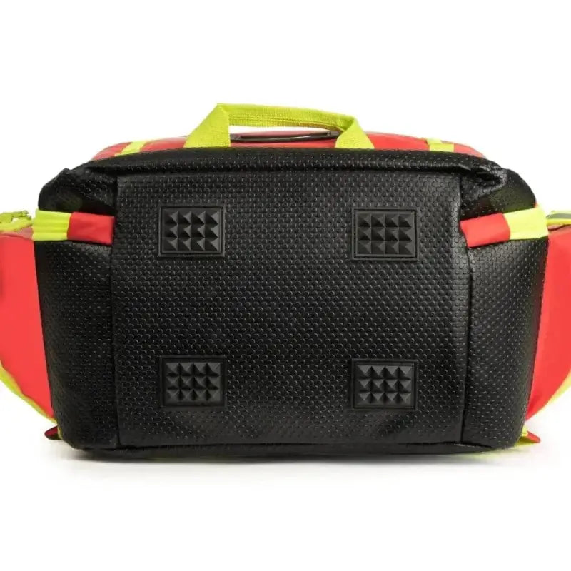 Black, red, and neon yellow fanny pack with rubber padding for Scherber Ultimate Trauma O2 Backpack