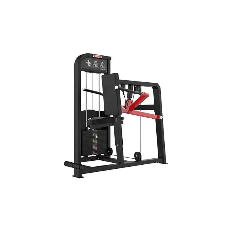 Black and red shoulder press machine on SFE Commercial Tricep Dip Machine with 250lb weight stacks