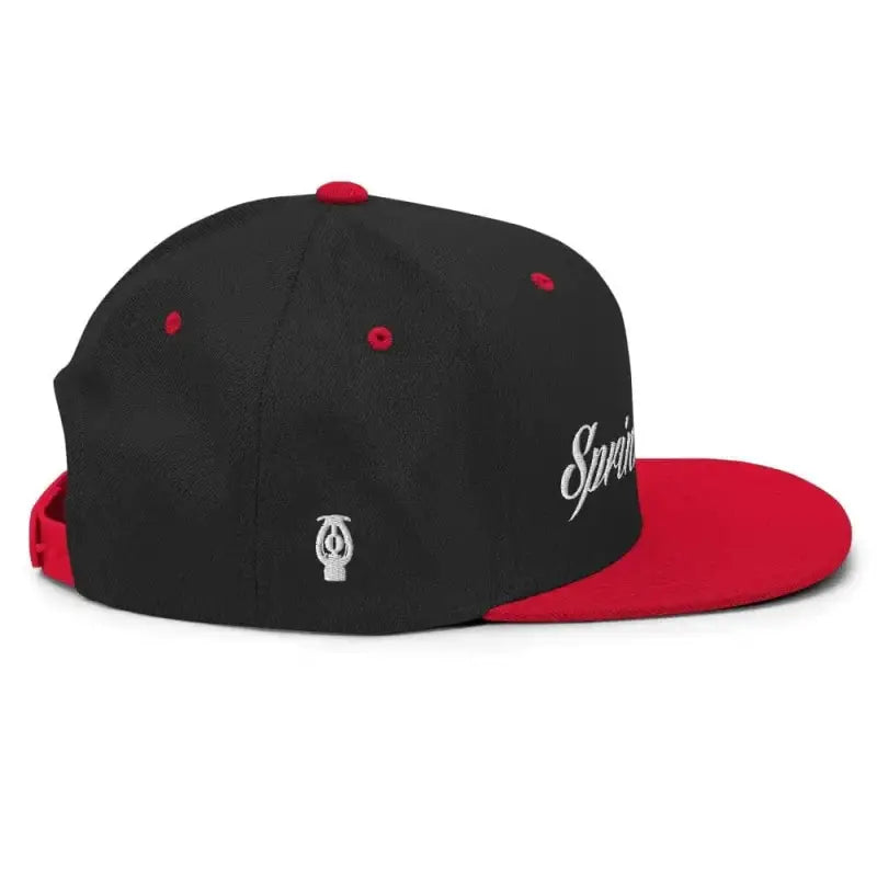 Black and red Sprinkler Life Snapback Hat with white text embroidery