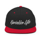 Black and red Sprinkler Life Snapback Hat with white script embroidery