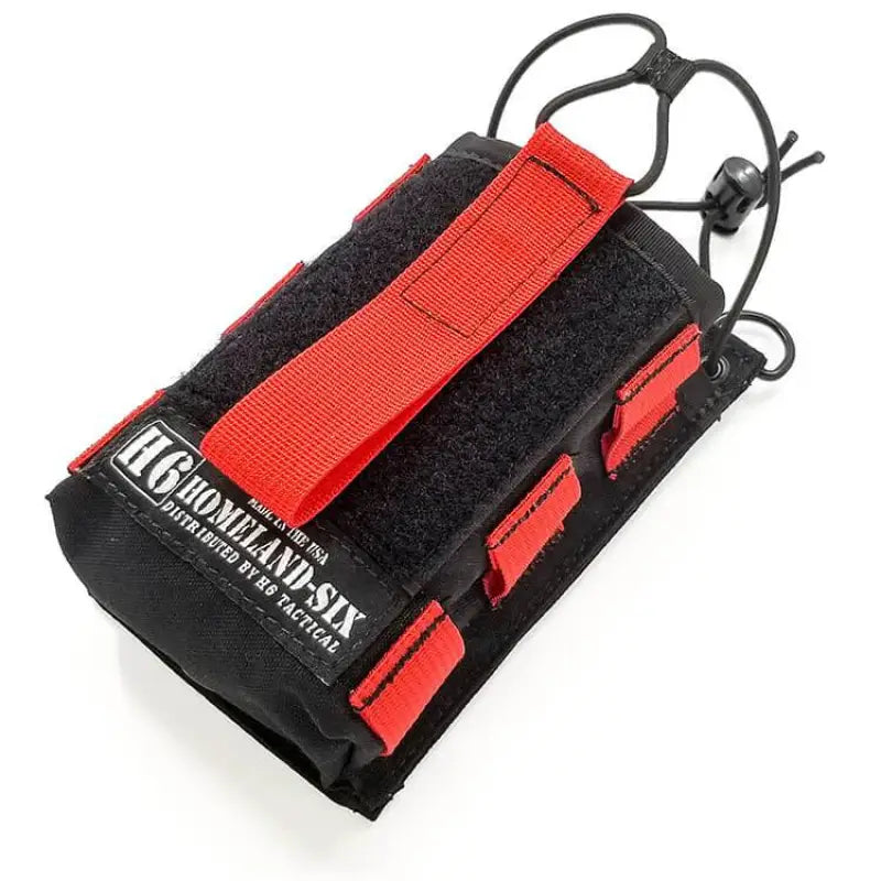 Black and red tactical pouch with elastic retention strap for H6 Inferno Radio Holster