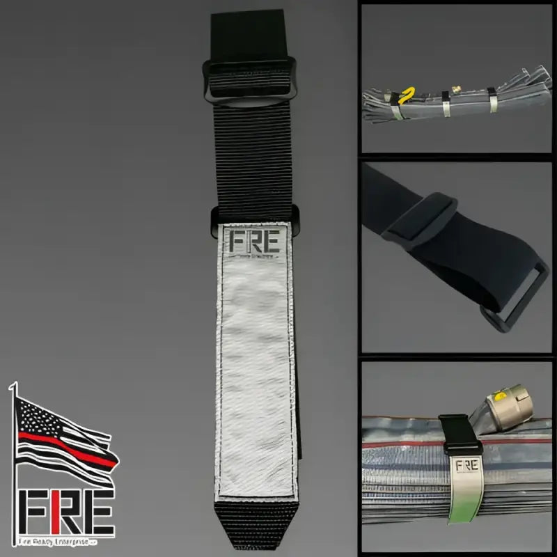 Black and reflective FRE Adjustable Hose Strap designed for durability and versatility