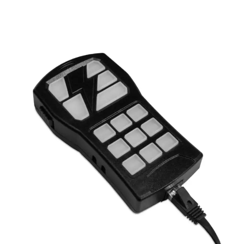 Black remote control with white buttons and wired connection for UBL Handheld Siren and Controller