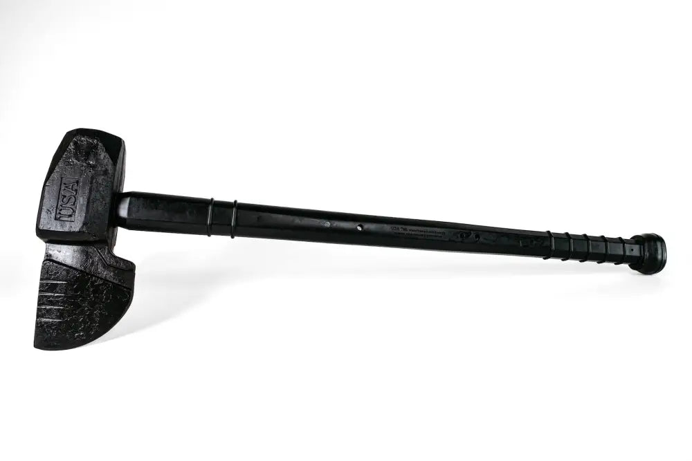 Black rubber mallet with long handle for heavy irons, ideal for first responders and firefighters