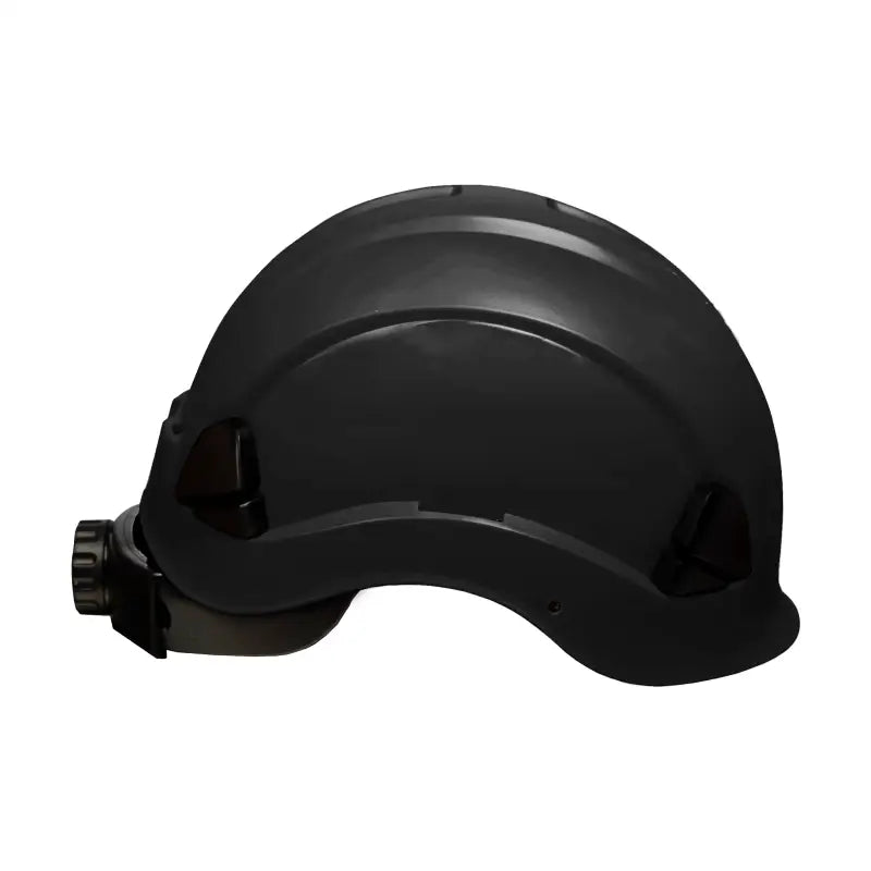 Black Rescue Hard Hat with Adjustable Ratchet Suspension and Headlamp for safety