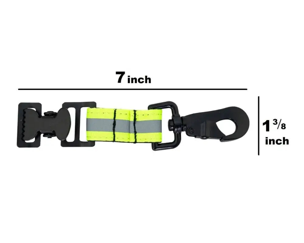 Black safety strap with highly reflective yellow center and powerful alligator clips